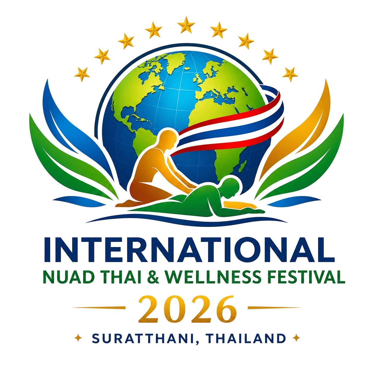 INTWF 2026 official emblem: a globe with the Thai flag, a Nuad Thai practitioner, and wellness leaves